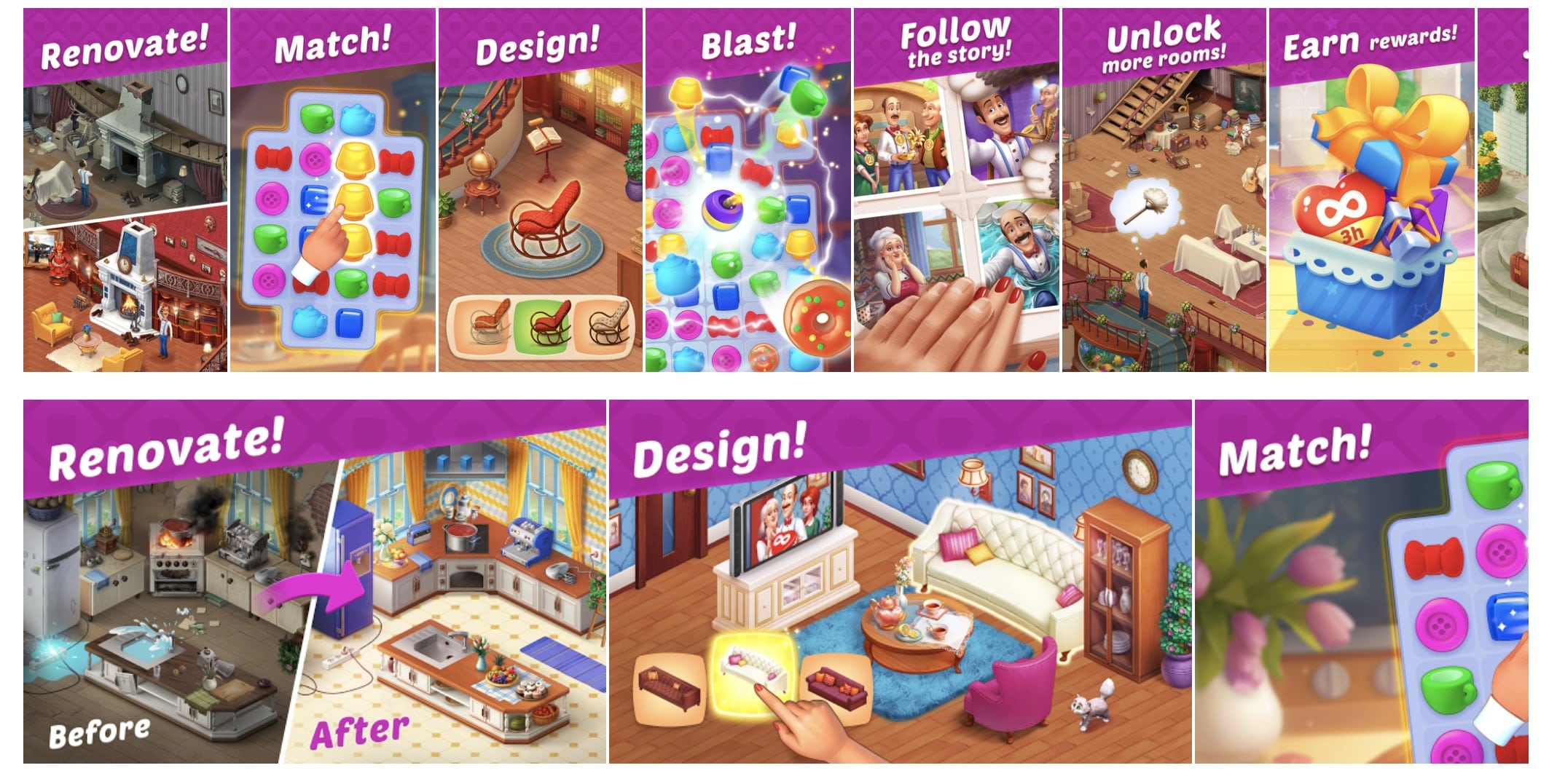 "Homescapes" screenshots in App Store (above) & Google Play (below)