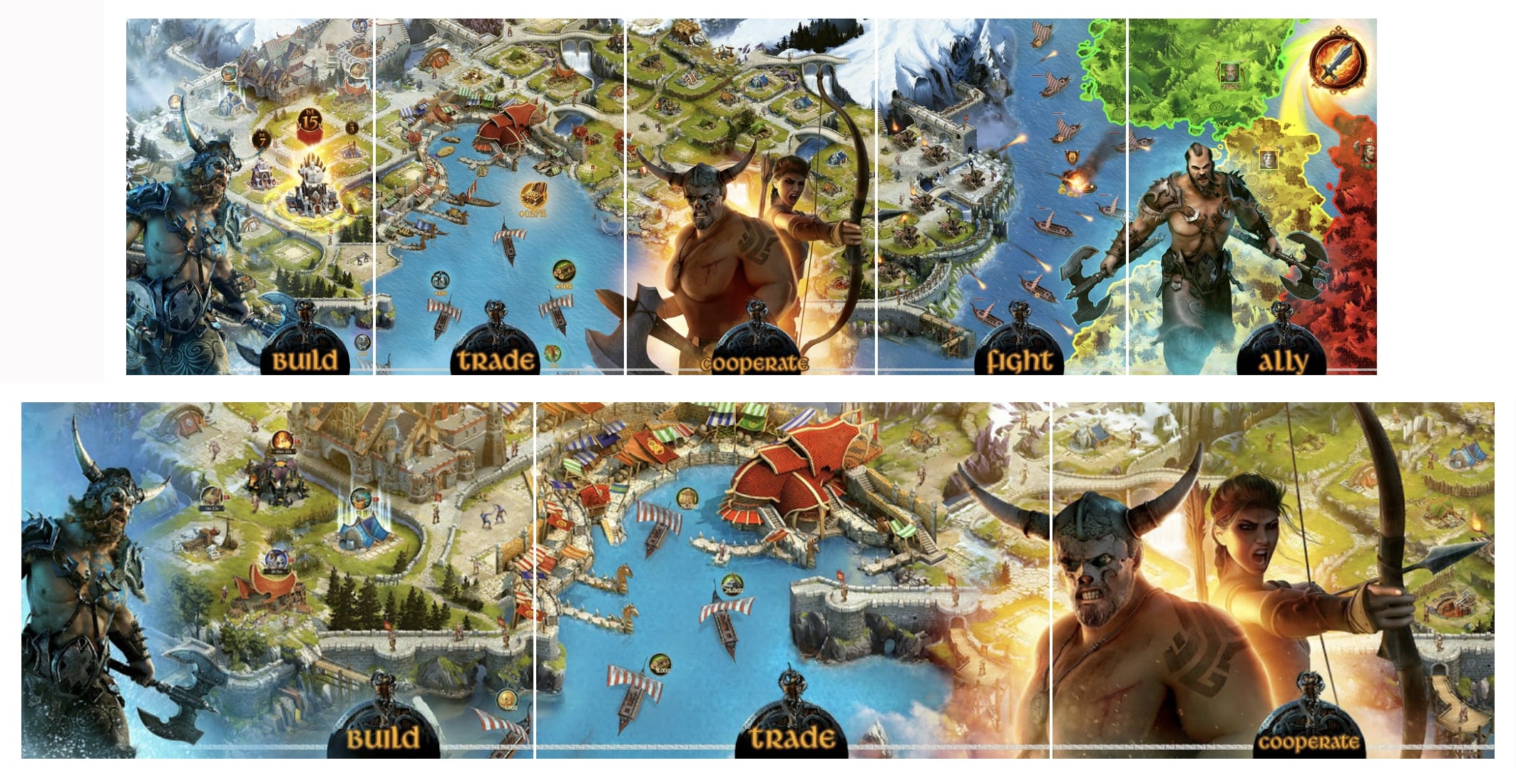 "Vikings: War of Clans" screenshots in App Store (above) & Google Play (below)