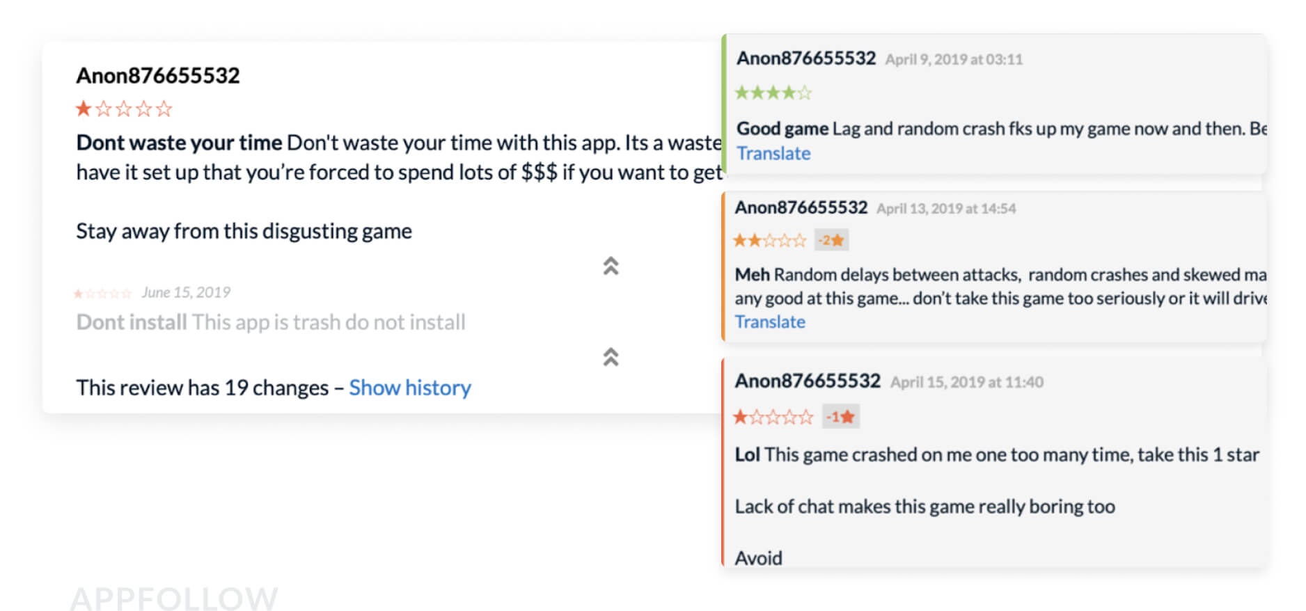 The user updated their review 19 times in the span of a week in an attempt to get a response from the developer. Their first rating was 4 stars. Source: appfollow.io