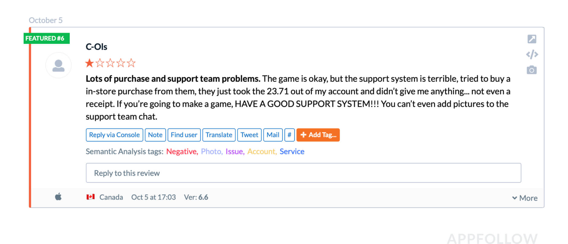 The user laments that the game has become worse and that developers aren't doing anything about it. Everyone who visits the game page sees this review. Source: appfollow.io