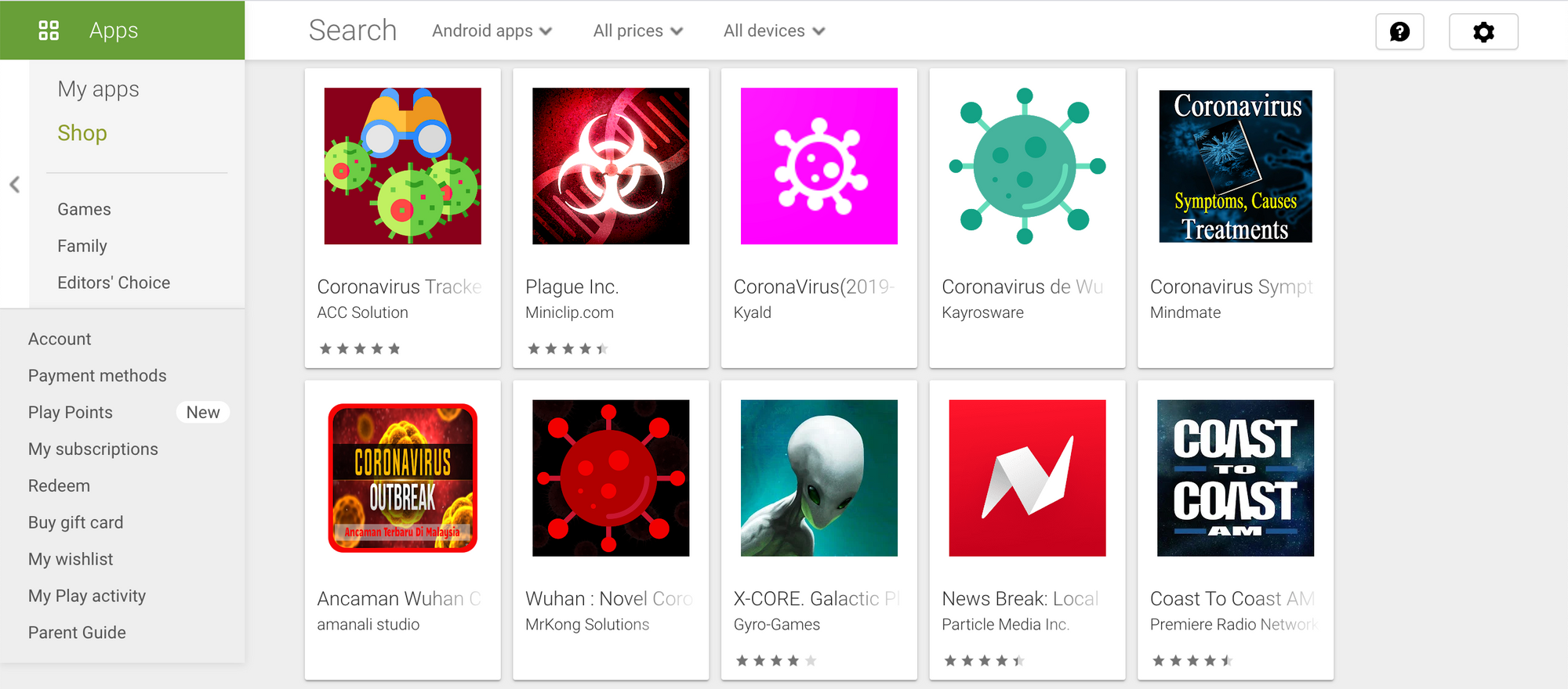 Google Play "coronavirus" search results