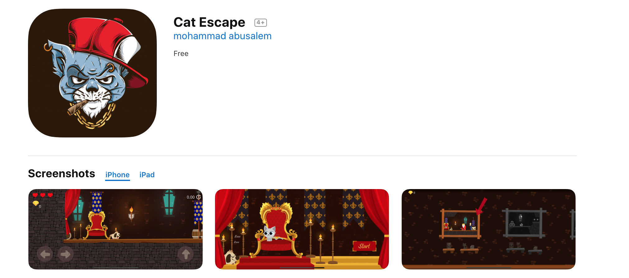 Cat Escape App Store page (appears in the search results for coronavirus)